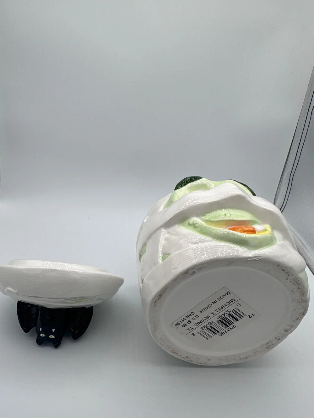 Halloween Mummy Treat Jar with Black Bat Lid - White & Green